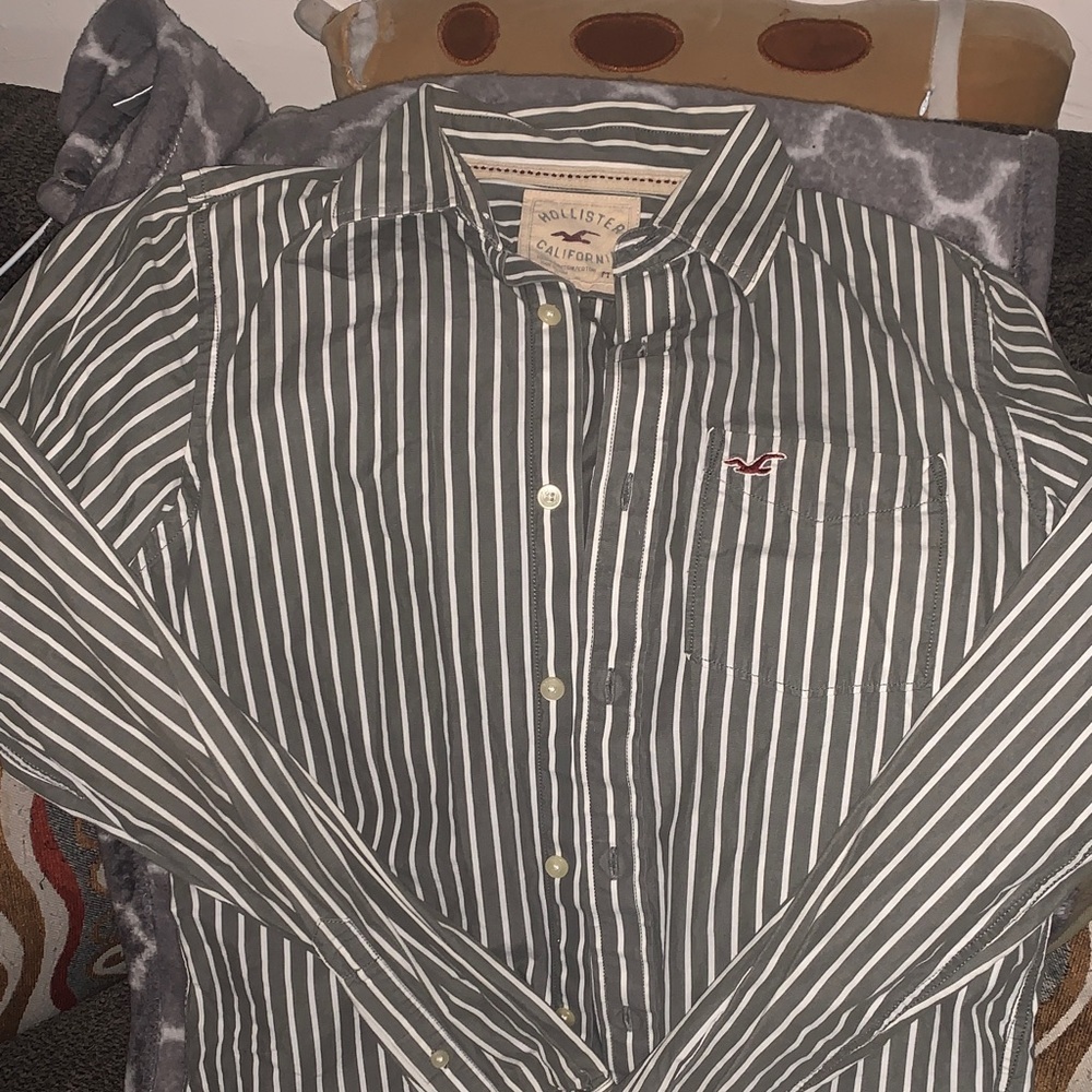 Hollister Men's Casual Striped Shirt - Dark Green
